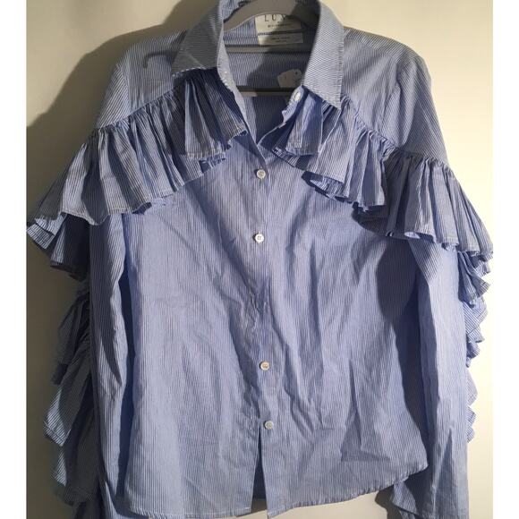 Luxe by Style Keepers Women's Size Medium Light Blue Striped Ruffle Button Down - Picture 2 of 6